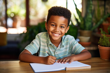 smiling african american child school boy doing homework while sitting at desk at home. generative a