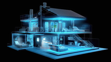 A smart home technology. Digital scheme of modern automated house.