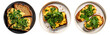 Scrambled Eggs & Mustard Greens on Toast bread, white plate, top view with transparent background, smooth blur edge, Generative AI