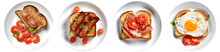 Toast Bread With Pork Belly, Egg, Ham, Sausage On White Plate, Top View With Transparent Background, Smooth Blur Edge, Generative AI