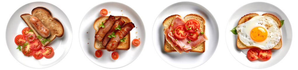 Toast bread with pork belly, egg, ham, sausage on white plate, top view with transparent background, smooth blur edge, Generative AI