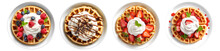 Waffle With Strawberry, Chocolate Chip And Berries Topping On White Plate, Top View With Transparent Background, Smooth Blur Edge, Generative AI