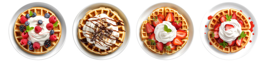 Waffle with strawberry, chocolate chip and berries topping on white plate, top view with transparent background, smooth blur edge, Generative AI