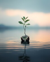 Minimalist Setup Of A Hand Holding A Tiny Green Sapling From Beneath The Water, Portraying A Serene And Peaceful Image, Capturing The Essence Of Sustainability, Generative AI