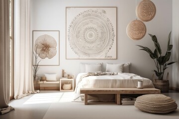 interior design mock up of artwork. A contemporary home in boho style with a poster template. Generative AI