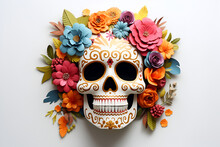Day Of The Dead Traditional White Flower Skull. Dia De Los Muertos Skull With Flowers On White Background. Holiday Banner With The Skull Created For Postcard, Poster, Web Site, Greeting Invitation. AI