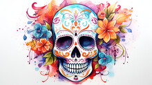 Day Of The Dead Traditional Skull, Watercolor. Dia De Los Muertos Skull With Flowers On White Background. Holiday Banner With The Skull Created For Postcard, Poster, Web Site, Greeting Invitation. AI