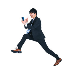 Fototapete - スマホを使いながらジャンプするビジネススーツの男性　背景透過切り抜きPNG