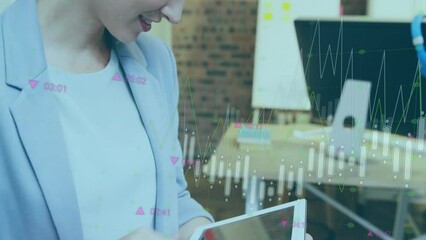 Poster - Animation of data processing against caucasian woman smiling while using digital tablet at office