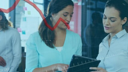 Poster - Animation of data processing against two diverse women discussing over digital tablet at office