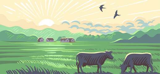 Wall Mural - Cows in farm cartoon. Rural countryside landscape with meadow