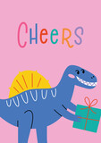 Fototapeta Dinusie - Birthday card with smiling tyrannosaurus, dinosaur giving present composition, template with cheers hand written lettering, vector arrangement with t-rex in party hat, postcard for baby shower