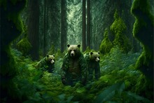 3 Ursos Procurando Algo Na Floresta Verde 