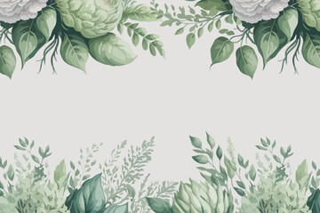  Horizontal watercolor abstract vector background with green branches and leaves.