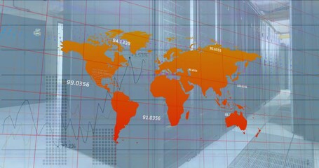 Poster - Animation of statistical data processing over world map against computer server room