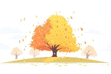 Poster - Tree during autumn season, autumn landscape with tree, falling leaves and rainfalls, heavy rain and weather change 