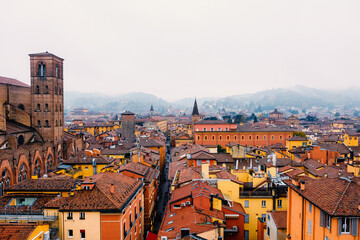 Wall Mural - Bologna. Medieval city in Emilia Romagna in Italy Europe. Art and culture. Tourists from all over the world for Piazza Maggiore, Via Indipendenza, the leaning towers and the oldest university