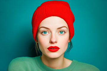 Beautiful woman with blue eyes and in a red woolen hat on a blue background