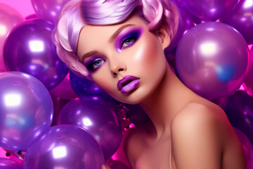 Wall Mural - Woman with pink hair and purple eyeshades surrounded by purple balloons. Generative AI.