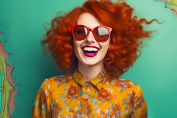 Canvas Print - Woman with red hair wearing sunglasses and yellow shirt with flowers on it. Generative AI.