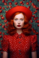 Wall Mural - Woman with red hair wearing red hat with cherries on it. Generative AI.