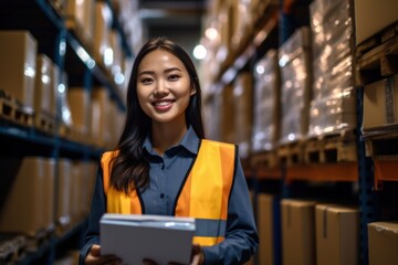 Smiling Asian woman working in a warehouse Young woman holding folder and checking products in store She is happy with her work and smiles. concept of export and import logistics