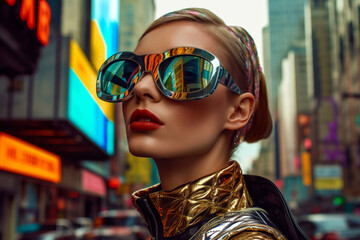 Canvas Print - Mannequin with sunglasses and gold jacket on city street. Generative AI.