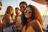 Fototapeta Natura - Group of diverse friends drink champagne while having a party in yacht. Attractive young men and women hanging out, celebrating holiday vacation trip while catamaran boat sailing