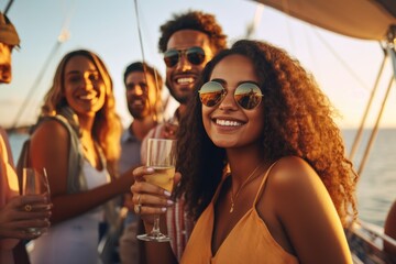 group of diverse friends drink champagne while having a party in yacht. attractive young men and wom
