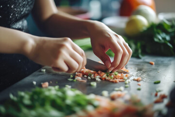 Wall Mural - Wonan preparing food in a kitchen. Unknown woman holding a knife in her hands and cutting vegetables, close up