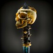a wand made of fused vertebrae crowned by a yellowed human skull 