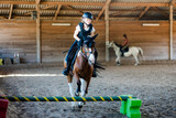 Fototapeta Sawanna - Pretty young girl doing equestrian show jumping on her pony in a farm