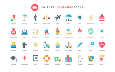 Policy protection from car and property damage, business and pension, health care and life safety during travel or disasters. Insurance trendy flat icons set vector illustration