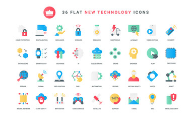 Wall Mural - Modern machines and futuristic science symbols, AI and virtual reality glasses for user, automation software. Digital technology for future innovation trendy flat icons set vector illustration