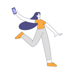 Sticker - Woman Character Running with Smartphone Enjoying Outdoor Walk in the Park Vector Illustration