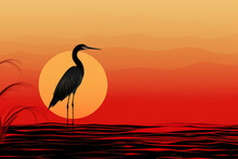 Minimalist Japanese Poster Inspired Design Of A Beautiful Black Egret With A Yellow Sun And Textured Red Background.