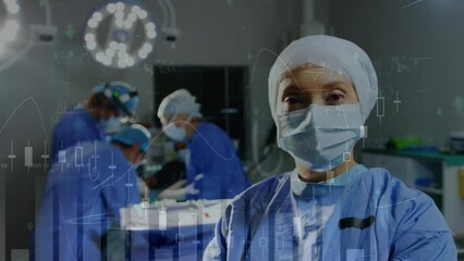 Poster - Animation of data processing over portrait of smiling biracial female surgeon in operating theatre