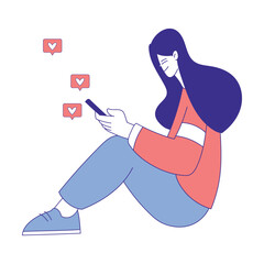 Sticker - Social Media with Woman Character with Smartphone Vector Illustration