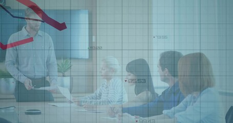 Poster - Animation of statistical data processing against caucasian man discussing with colleagues at office