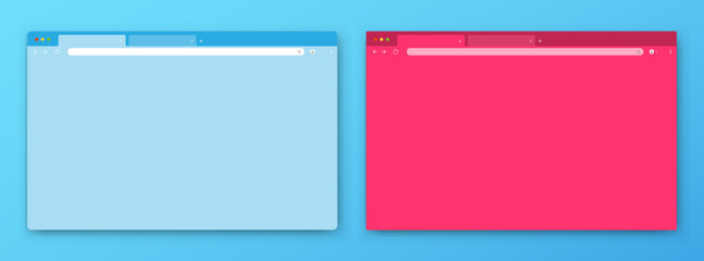 Poster - Browser windows. A set of realistic empty blue and pink browser windows with a toolbar, a search bar and a shadow on a blue gray background. 