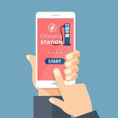 Poster - proprietario dell'auto elettrica che utilizza lo smartphone per CARICARE START la stazione di ricarica in città - illustrazioni