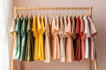 Fashionable children's dresses on a wooden rack in vintage colors