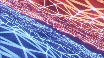 Poster - Abstract digital plexus style loopable animation. Futuristic digital blue particles wave background. Connection moving dots and lines, network connection structure. Technology, big data. 3d animation

