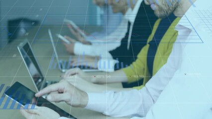 Poster - Animation of statistical data processing against caucasian man using digital tablet at office