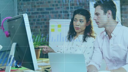 Poster - Animation of statistical data processing against diverse man and woman discussing at office