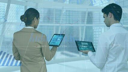 Poster - Animation of data processing over rear view of diverse man and woman using digital tablet at office