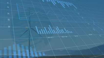 Poster - Animation of statistical data processing over spinning windmill on grassland against clouds in sky