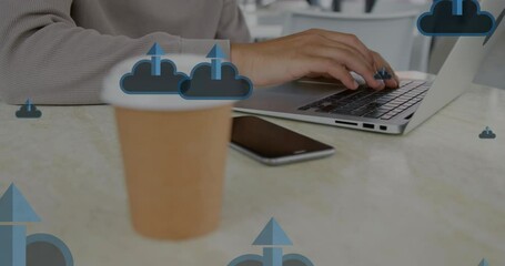 Poster - Animation of arrow in clouds over midsection of biracial man with coffee working on laptop