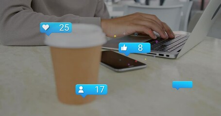 Poster - Animation of numbers, icon in message boxes, midsection of biracial man working on laptop