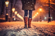 Back view of close up of a woman leg walking in snowy winter night park. AI generative